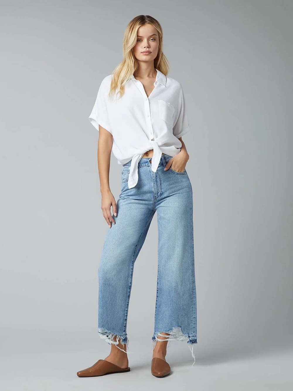 DL1961 Light Blue High-Rise Wide Leg Jeans with Distressed Hem